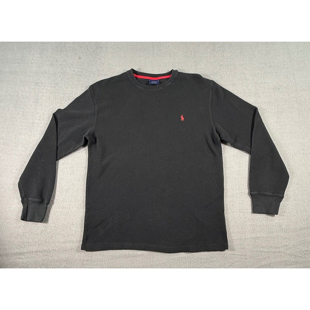 Polo Ralph Lauren Black Thermal Waffle‎ Knit Long Sleeve Shirt Red Pony Men L